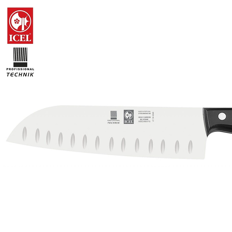 Επαγγελματικό Μαχαίρι Santoku Technik Full Tang με Αυλάκια & Μαύρη Λαβή POM 18cm